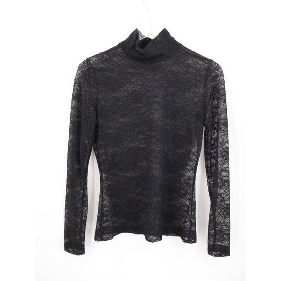 St. John Women’s Lace Mock Neck Top Black Long Sleeve Sheer Blouse Size P Petite - Picture 2 of 15